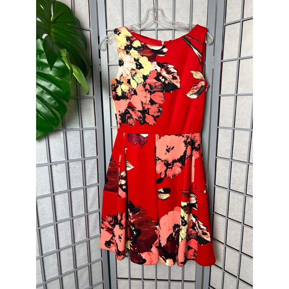 Taylor Womens Fit & Flare Dress Red Coral Floral Pleated Boat Neck Sleeveless 4